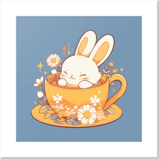 Cute Bunny in Chamomile Tea Cup. Camomile Tea Lover. Posters and Art